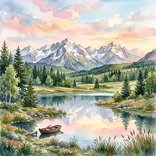 Serene Landscape Painting of Majestic Mountains in Watercolor