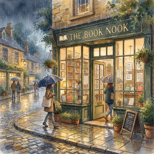 Cozy Watercolor Bookstore Illustration