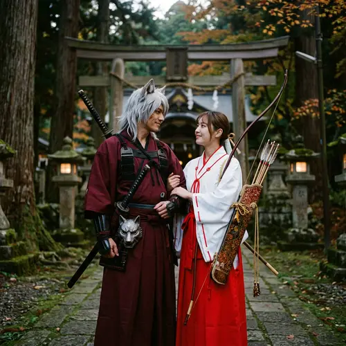 Mysterious Samurai and Priestess with Close Bond