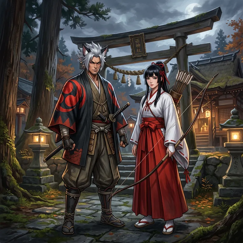 Inuyasha and Kikyo - Historical Japanese Couple in Dramatic Setting