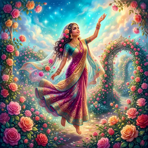 Surreal Portrait of South Asian Woman in Vibrant Rose Garden