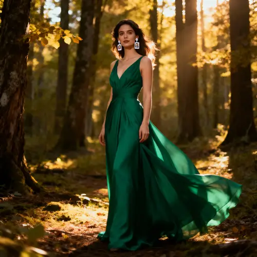 Elegant Woman in Emerald Dress in Serene Forest