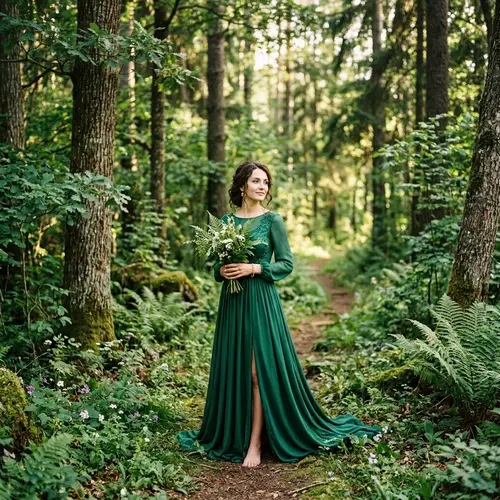 Elegant Woman in Emerald Dress in Serene Forest