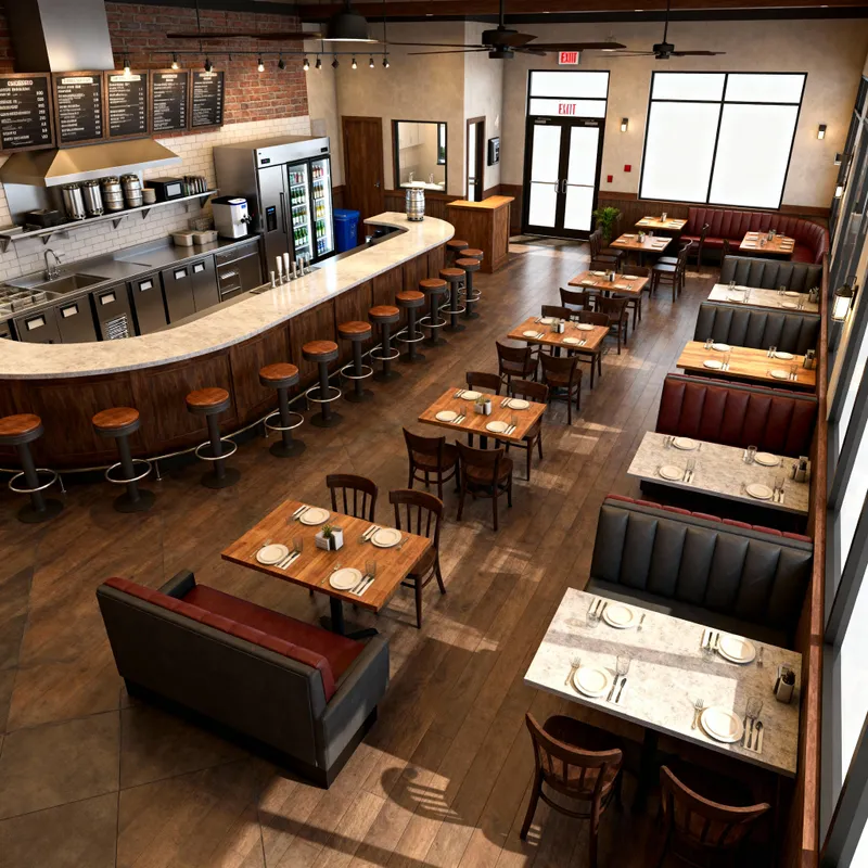 110-Seat Bistro Design with L-Shaped Bar & Kitchen