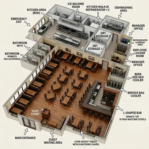 110-Seat Bistro Design with L-Shaped Bar & Kitchen