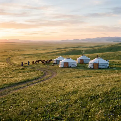 Serene Steppe Landscape with Traditional Yurts and Wildflowers