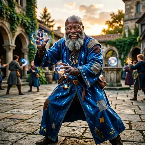 Elderly Black Mage in Luminescent Blue Robe