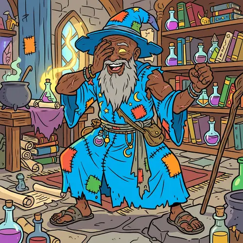 Elderly Black Male Wizard: Cartoon Combat Stance