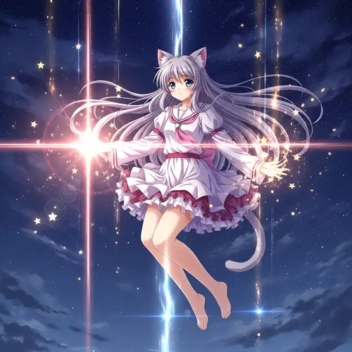 Magical Cat Girl in a Dreamy Night Sky