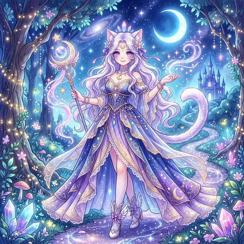 Magical Cat Girl in a Dreamy Night Sky