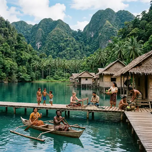 Tranquil Lagoon Home to Indigenous People with Verdant Mountains