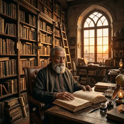 Elderly South Asian Person in Antique Library | Depth of Wisdom
