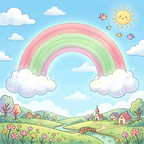 Light Green-Pink Cartoon Rainbow with Two Clouds | Charming Scene