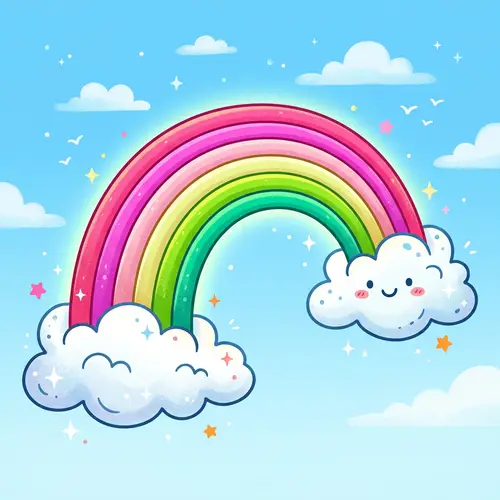 Colorful Cartoon Rainbow with Fluffy Clouds