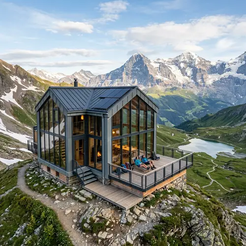 Modern-Style Glass and Metal Mountain Hut in Scenic Landscape
