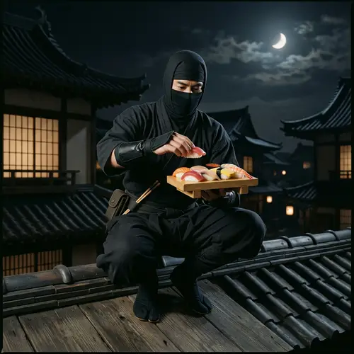 Ninja Character Holding Sushi - Night Scene with Japanese Architecture