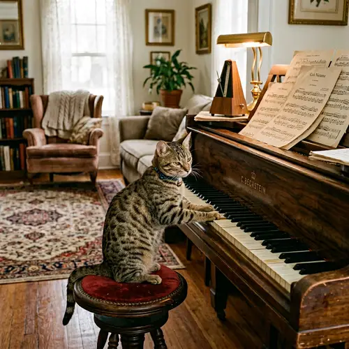 Spotted Tabby Cat Playing Piano - Musical Cat in Cozy Room