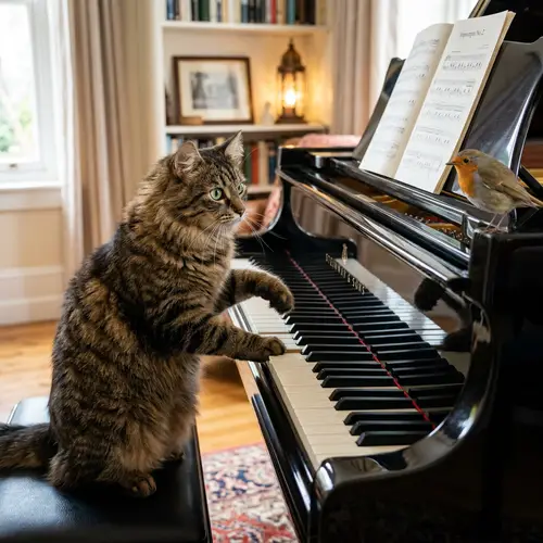 Playful Tabby Cat and Piano Performance