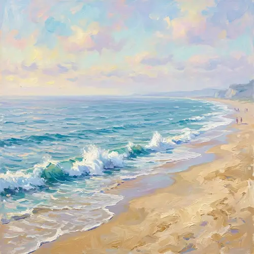Serene Beach with Crashing Waves | Impressionist Style Painting