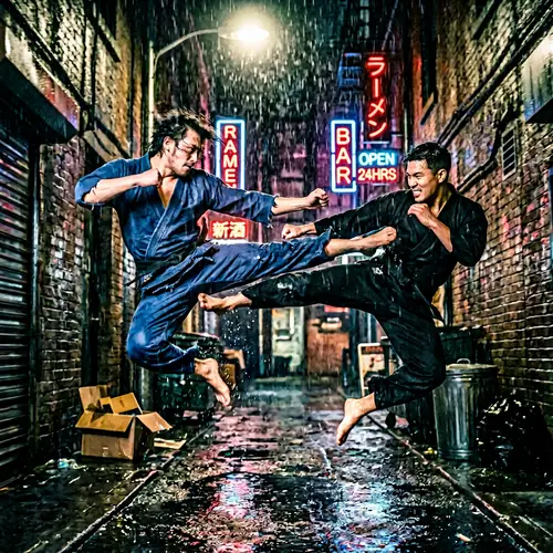 Martial Arts Duel in Rainy Alley - Action Photography