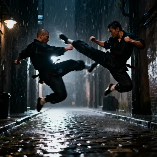 Martial Arts Duel in Rainy Alley - Action Photography