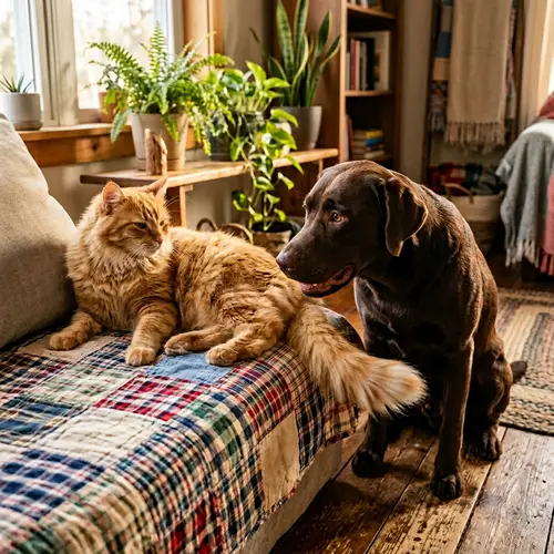 Harmonious Interaction Between Fluffy Cat and Playful Dog - Warm Domestic Scene