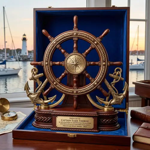 Exquisite Ship's Wheel Trophy with Anchors - Nautical Design