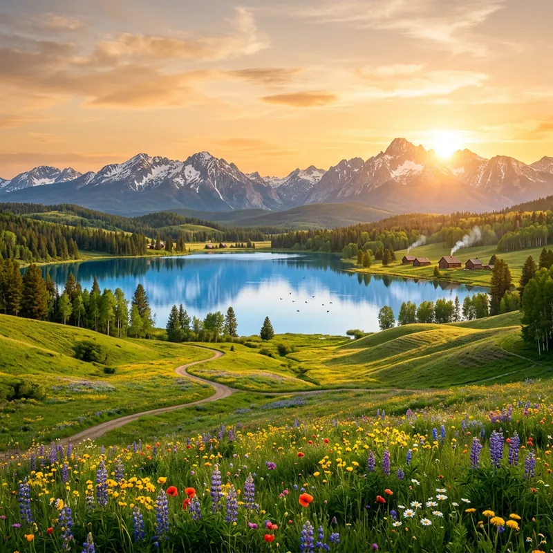 Serene Landscape with Rolling Hills and Lake