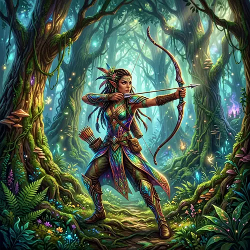 Mystical Woodland Setting: Female Elven Archer in Vibrant Colors