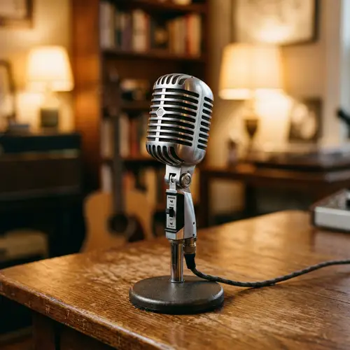 Vintage Silver Microphone on Wooden Desk