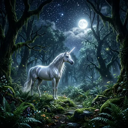 Unicorn in Mysterious Forest at Moonlight