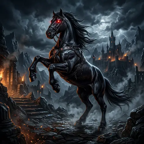 Majestic Black Horse with Glowing Red Eyes | Fantasy Art