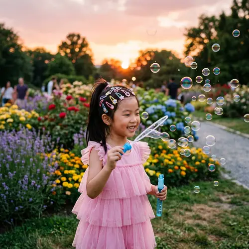 Beautiful Asian Girl Playing with Bubbles in a Park