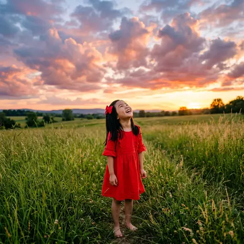Young Girl in Bright Red Dress Smiling under Beautiful Sky