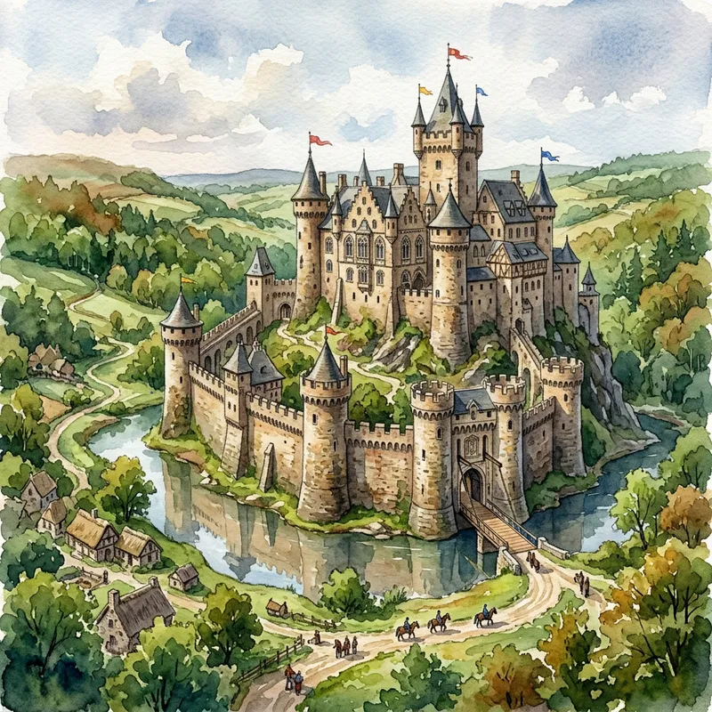 European Medieval Castle Watercolor Painting