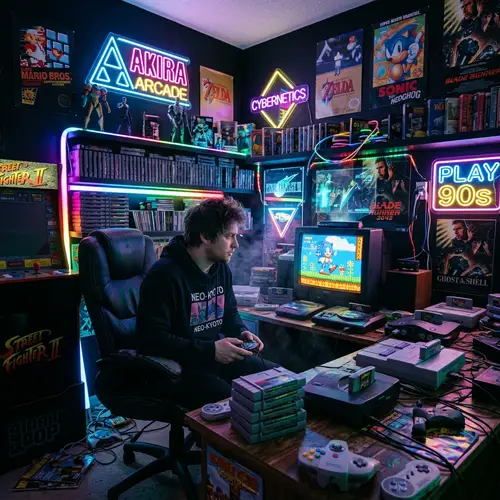 90's Retro Gamer Room: Cyberpunk Style with RGB Colors