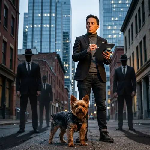 Aggressive Yorkshire Terrier Defending Innovator Against Corporate Dominance