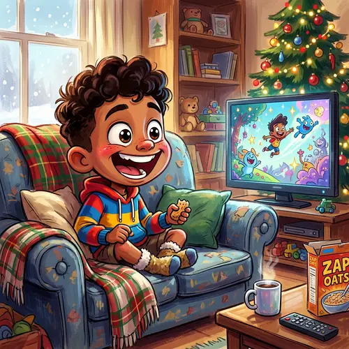 Playful Cartoon Boy on Couch - Classic December Morning Vibes