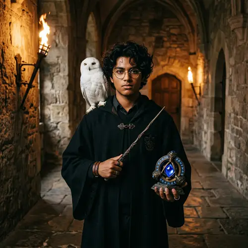 Young Wizard in Magical Castle with Owl and Wand
