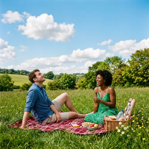 Serene Friends Enjoying Picnic in Lush Green Field