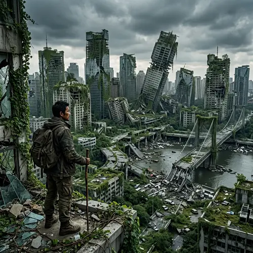 Post-Apocalyptic City: Desolate Ruins and Nature Reclamation