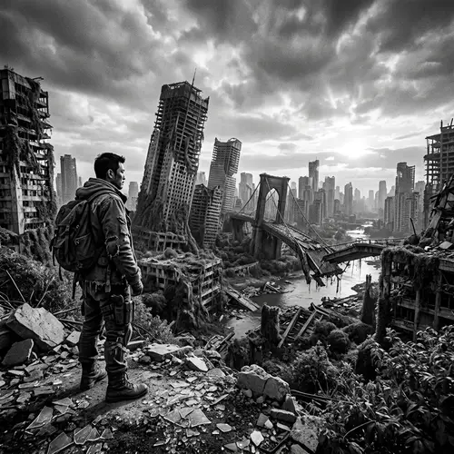 Desolate Cityscape in Ruins: Urban Decay & Nature's Persistence