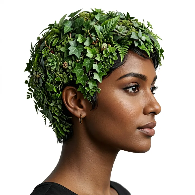 Stunning Model with Green Foliage Wig – Hyper-Realistic Art