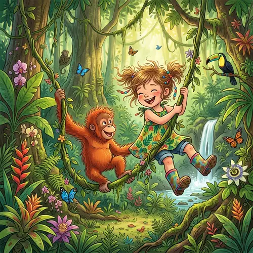 Whimsical Jungle Adventure: Girl and Orangutan