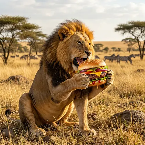 Majestic African Lion Enjoying a Burger in Sunshine