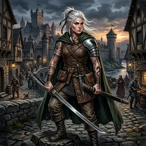 Medieval Girl with White Hair and Katana Art