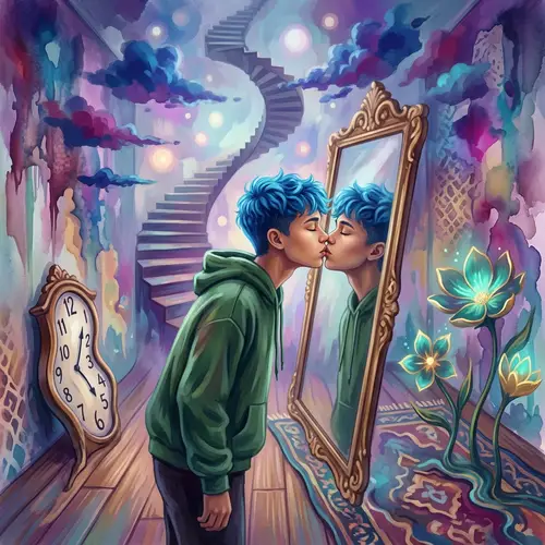 Surreal Digital Painting of Teenage Boy Kissing Own Reflection