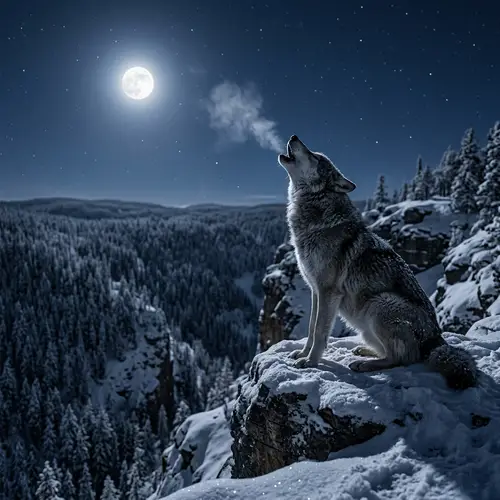 Lone Wolf Howling in Moonlight on Snow-Covered Cliff