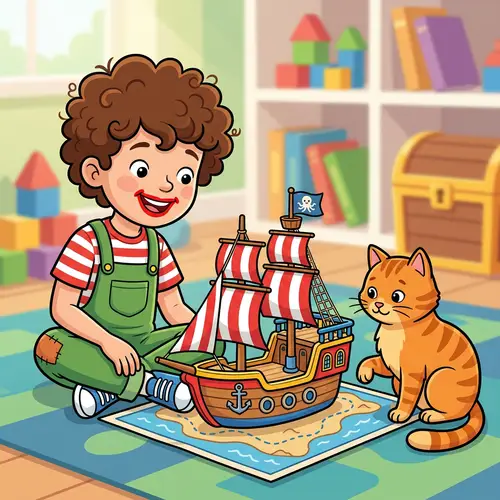 Detailed Clipart Style Illustration: Boy with Red Lips & Toy Ship