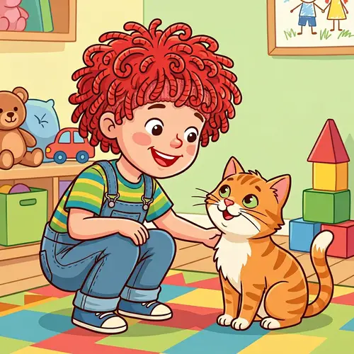 Cheerful Caucasian Boy Interacting with Playful Cat